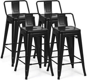 Set di 4 Sgabelli da Bar da 62 cm, Impilabile Sedie da Cucina Alto, in Metallo, con Schienale Rimovibile, Poggiapiedi, Design Industriale (Nero)