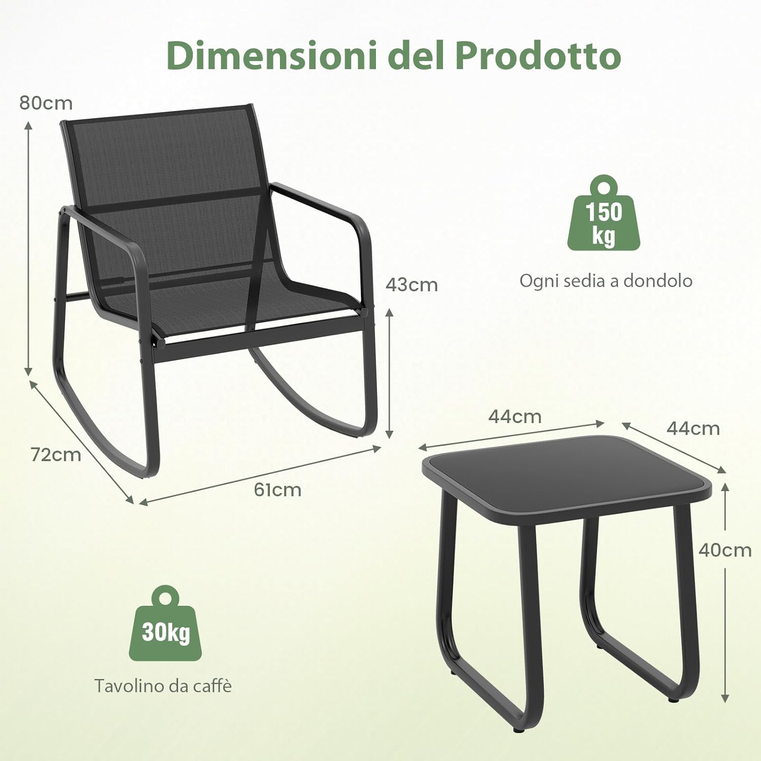 Set Tavolino e Sedie da Giardino, Set di Mobili a Dondolo, Set Bistrò 3 Pezzi, Tavolino in Vetro Temperato, Sedie in Textilene, per Giardino Cortile Piscina (Nero)
