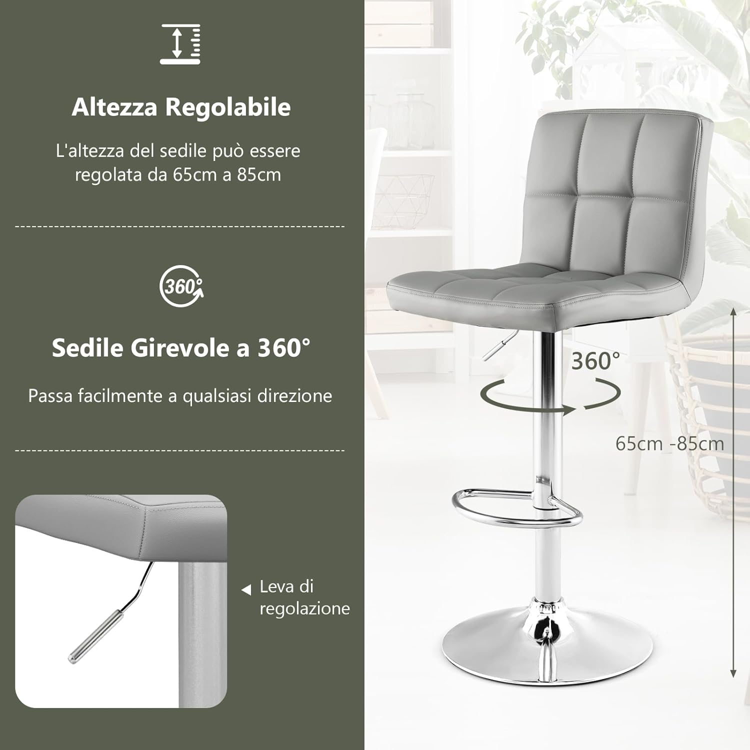 Sgabello Regolabile in Altezza in Ecopelle, Sgabello Cucina Girevole a 360° con Poggiapiedi e Base Metallica Antiscivolo, Sedia Portata 150 kg per Sala da Pranzo e Penisola Cucina (Grigio,1)