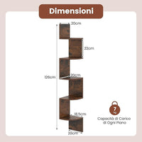 Scaffale Angolare a 5 Livelli, Scaffale Sospeso a Muro, Organizzatore di Stoccaggio a Parete, Espositore in Legno per Soggiorno Camera da Letto e Cucina, 20 x 20 x 126 cm (Marrone)