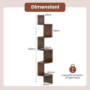 Scaffale Angolare a 5 Livelli, Scaffale Sospeso a Muro, Organizzatore di Stoccaggio a Parete, Espositore in Legno per Soggiorno Camera da Letto e Cucina, 20 x 20 x 126 cm (Marrone)