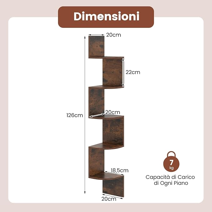 Scaffale Angolare a 5 Livelli, Scaffale Sospeso a Muro, Organizzatore di Stoccaggio a Parete, Espositore in Legno per Soggiorno Camera da Letto e Cucina, 20 x 20 x 126 cm (Marrone)