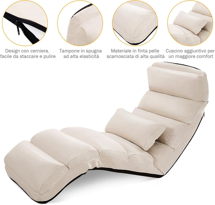 Sedia Pieghevole da Pavimento Portatile, Divano Imbottito, Regolabile in 5 Posizioni, Supporto per la Schiena, Ideale per Rilassarsi Leggere (Beige)