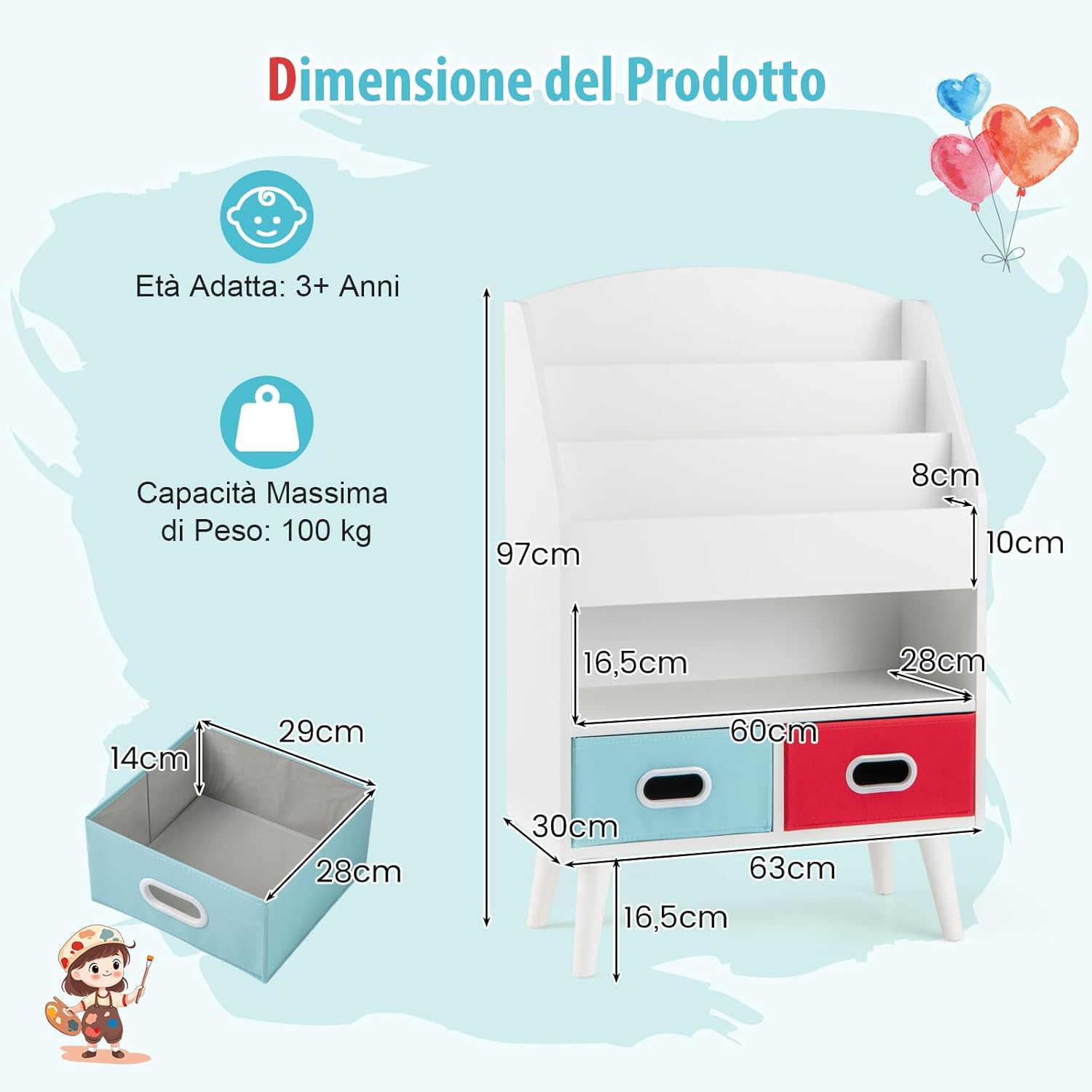 Libreria per Bambini, Scaffale in Legno per Bambini con 3 Ripiani, Scomparto Aperto e 2 Cassetti in Tessuto Pieghevoli, Organizzatore per Giocattoli, 63x30x97 cm (Bianco)