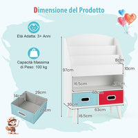 Libreria per Bambini, Scaffale in Legno per Bambini con 3 Ripiani, Scomparto Aperto e 2 Cassetti in Tessuto Pieghevoli, Organizzatore per Giocattoli, 63x30x97 cm (Bianco)