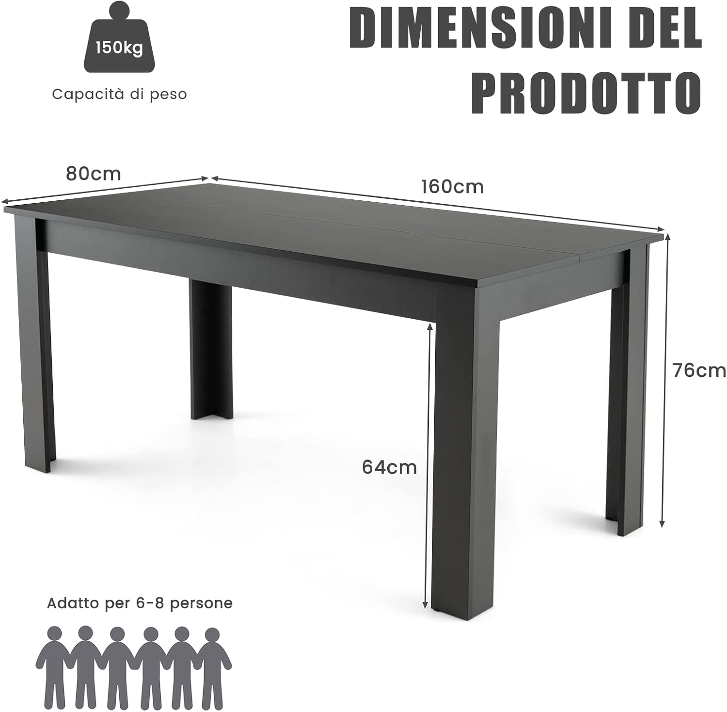 Tavolo da Pranzo 160 x 80 x 76 cm, Tavolo da Cucina Rettangolare con Piano Grande e Gambe Robuste, Tavolo per Massimo 8 Persone (Nero)