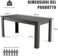 Tavolo da Pranzo 160 x 80 x 76 cm, Tavolo da Cucina Rettangolare con Piano Grande e Gambe Robuste, Tavolo per Massimo 8 Persone (Nero)
