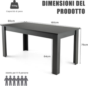 Tavolo da Pranzo 160 x 80 x 76 cm, Tavolo da Cucina Rettangolare con Piano Grande e Gambe Robuste, Tavolo per Massimo 8 Persone (Nero)