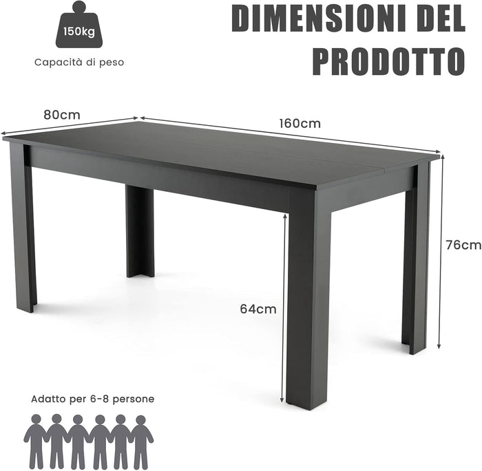 Tavolo da Pranzo 160 x 80 x 76 cm, Tavolo da Cucina Rettangolare con Piano Grande e Gambe Robuste, Tavolo per Massimo 8 Persone (Nero)