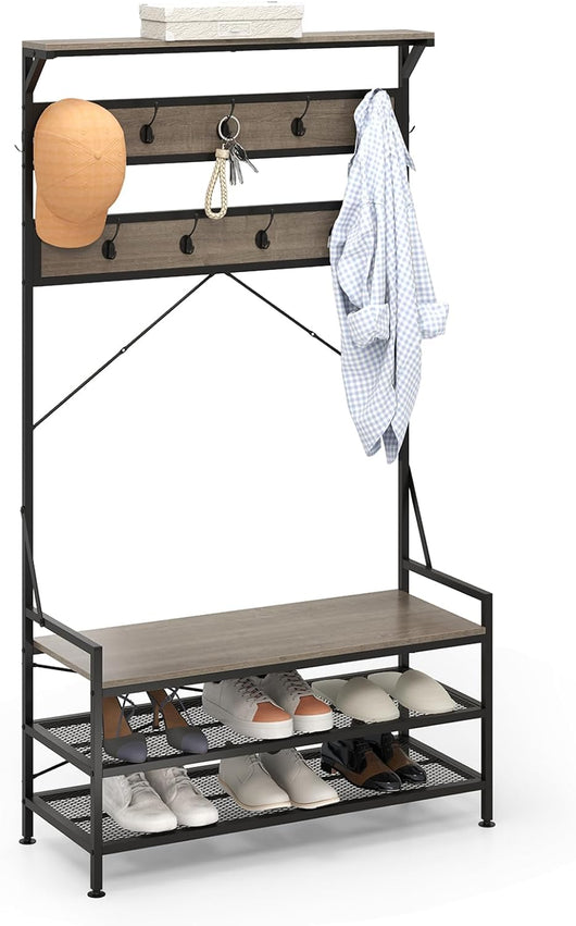 4 in 1 Appendiabiti da Ingresso, Armadio con Panca per Scarpe Scarpiera a 2 Ripiani, Struttura in Metallo e Kit Antivibrazione, 102 x 40 x 184 cm (Grigio)