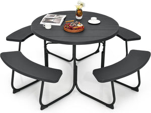 Set Tavolo da Picnic con 8 Posti, Tavolo da Picnic Rotondo con 4 Panche e Foro per Ombrellone, Tavolo da Campeggio Resistente in Metallo, per Giardino, Cortile, Patio (Nero)