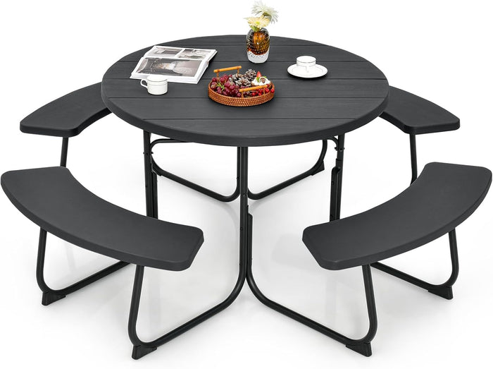 Set Tavolo da Picnic con 8 Posti, Tavolo da Picnic Rotondo con 4 Panche e Foro per Ombrellone, Tavolo da Campeggio Resistente in Metallo, per Giardino, Cortile, Patio (Nero)