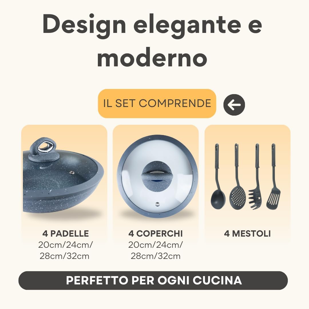 Set di Padelle con Coperchi 12 Pezzi, Induzione Manico Resistente al Calore, Granito e Marmo, Padelle Antiaderente, 20/24/28/32 cm + 4 Mestoli Inclusi.