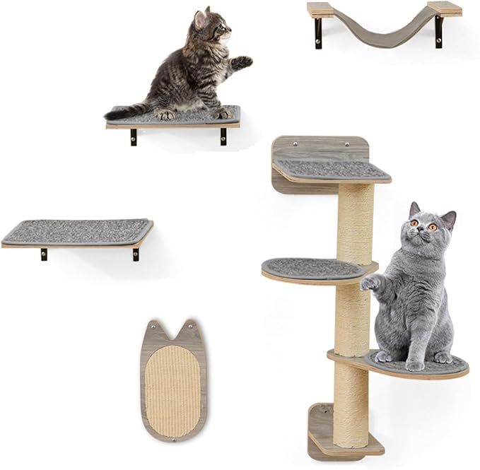 Mensole da Parete per Gatti da Arrampicata, Set Mobili a Muro con 4 Livelli, Amaca, Pannello Graffiato e Tappetini, 2 Piattaforme di Lancio, Albero Tiragraffi Salvaspazio (Modello 4)
