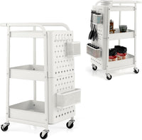 Carrello Multiuso a 3 Livelli, Carrello Organizzatore di Stoccaggio, con 2 Cestini e 4 Ganci, Ideale per Ufficio Cucina Garage, 52x33x75cm (Bianco)
