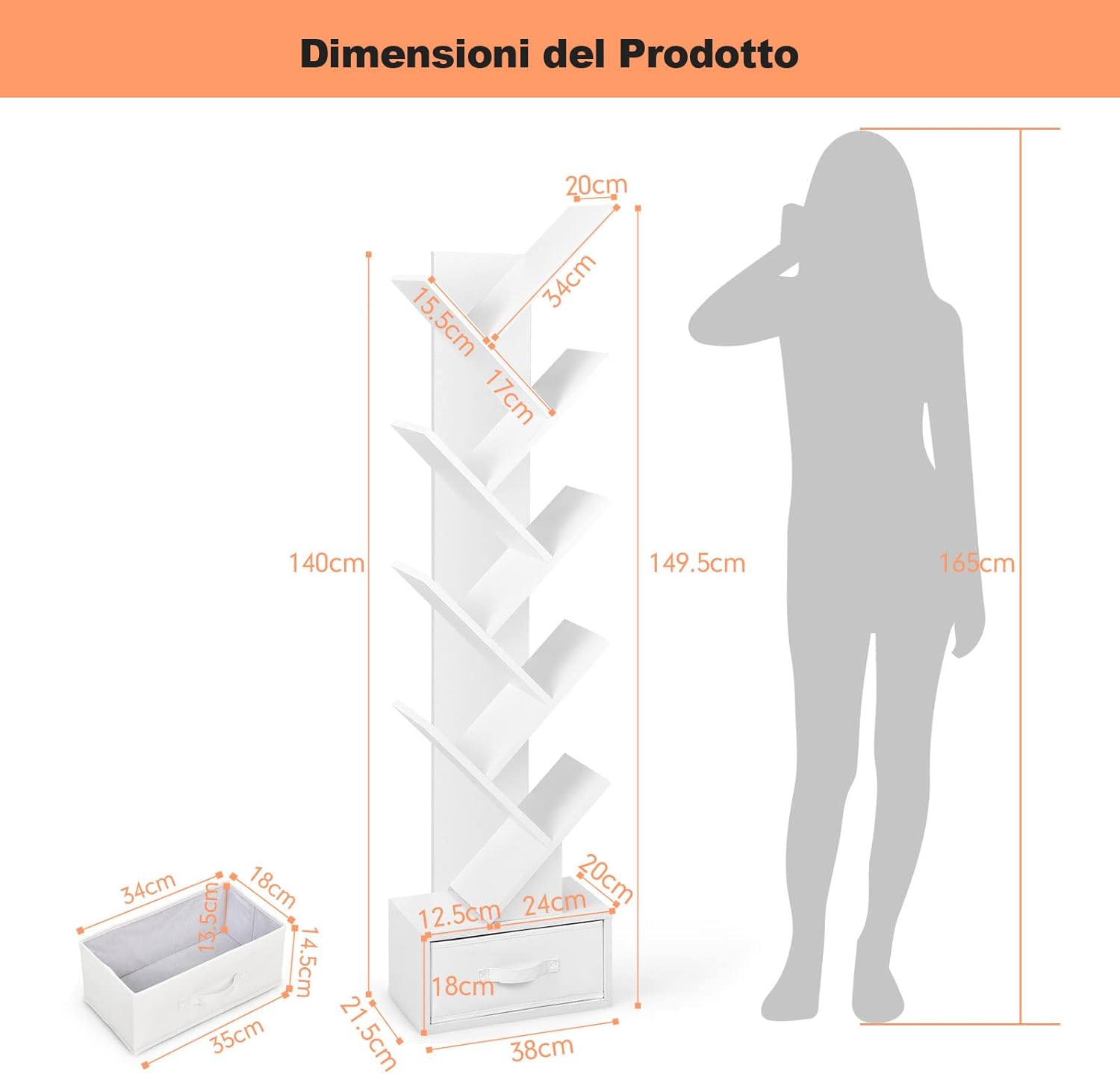Libreria ad Albero in Legno, Scaffale a 10 Ripiani con Cassetto, Portaoggetti Autoportante per Soggiorno, Studio e Ufficio, 38 x 21,5 x 149,5 cm (Bianco)