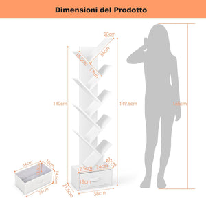 Libreria ad Albero in Legno, Scaffale a 10 Ripiani con Cassetto, Portaoggetti Autoportante per Soggiorno, Studio e Ufficio, 38 x 21,5 x 149,5 cm (Bianco)