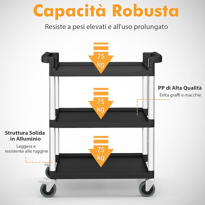 Carrello Portautensili Attrezzi a 3 Livelli, Carrello di Servizio da Officino con Rutoe Bloccabili, Doppie Maniglie e Struttura Robusta in Alluminio, Portata 225kg, per Magazzino e Cucina