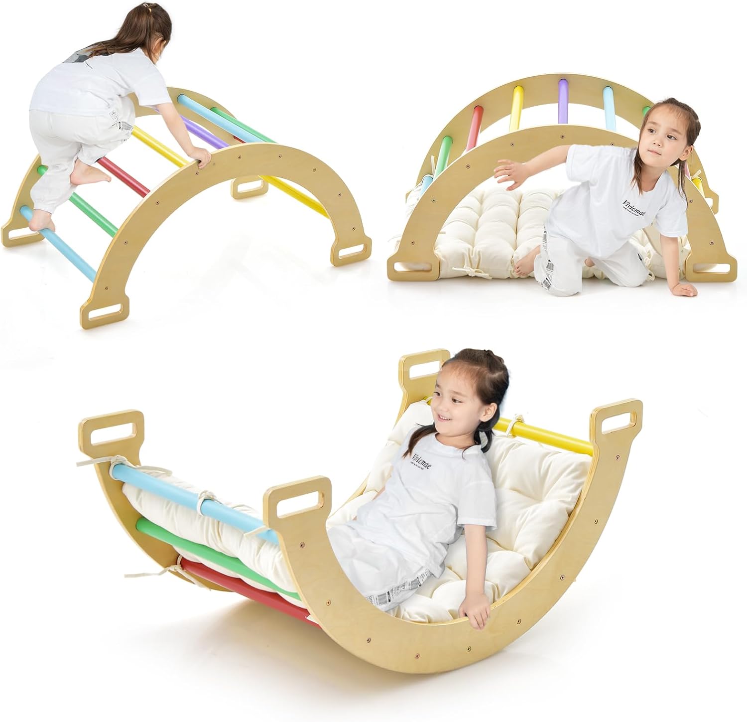 Arco da Arrampicata per Bambini, 2 in 1 Altalena ad Arco in Legno con Cuscino Morbido, Doppia Faccia, Ideale per Bambini 1+ Anni (Colorato)