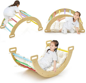 Arco da Arrampicata per Bambini, 2 in 1 Altalena ad Arco in Legno con Cuscino Morbido, Doppia Faccia, Ideale per Bambini 1+ Anni (Colorato)