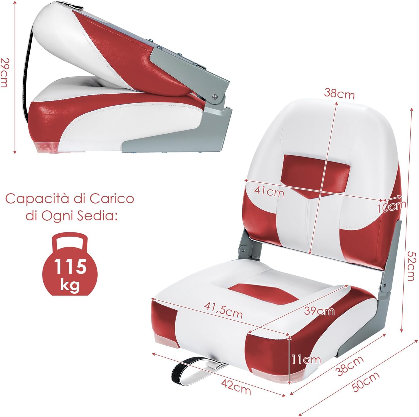 Set di 2 Sedie da Barca, Sedie per Barca Con Schienale Basso, Sedia da Barca Pieghevole, con Schiuma Spessa, Cinghia di Fissaggio, 50 x 42 x 52 cm (Rosso+Bianco)