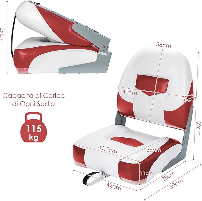Set di 2 Sedie da Barca, Sedie per Barca Con Schienale Basso, Sedia da Barca Pieghevole, con Schiuma Spessa, Cinghia di Fissaggio, 50 x 42 x 52 cm (Rosso+Bianco)