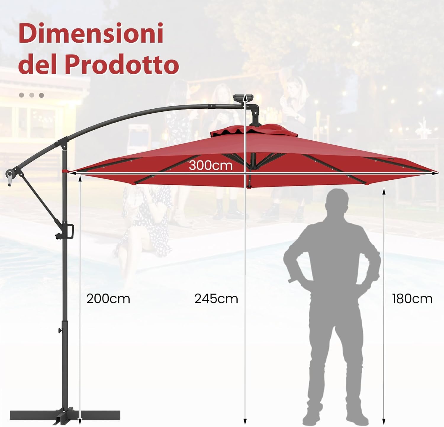 Ombrellone da Giardino ∅300 cm con 32 Luci LED, Ombrellone Prendisole con Rotazione di 360°, Inclinazione Regolabile, 8 Stecche, Manovella, per Giardino Piscina Cortile (Borgogna)