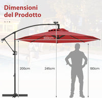 Ombrellone da Giardino ∅300 cm con 32 Luci LED, Ombrellone Prendisole con Rotazione di 360°, Inclinazione Regolabile, 8 Stecche, Manovella, per Giardino Piscina Cortile (Borgogna)