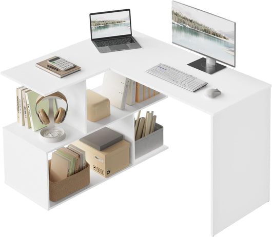 Scrivania Angolare a Forma di L con Libreria, 120x100x75 cm, Bianco, Scrivania Ufficio per Computer, Tavolo da Lavoro, Studio and Soggiorno