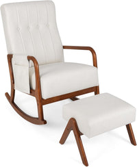 Poltrona Relax a Dondolo con Pouf, Sedia Soggiorno con Schienale Imbottito, Struttura in Legno, Tasca Laterale, Set Poltrona e Poggiapiedi per Soggiorno Camera da Letto