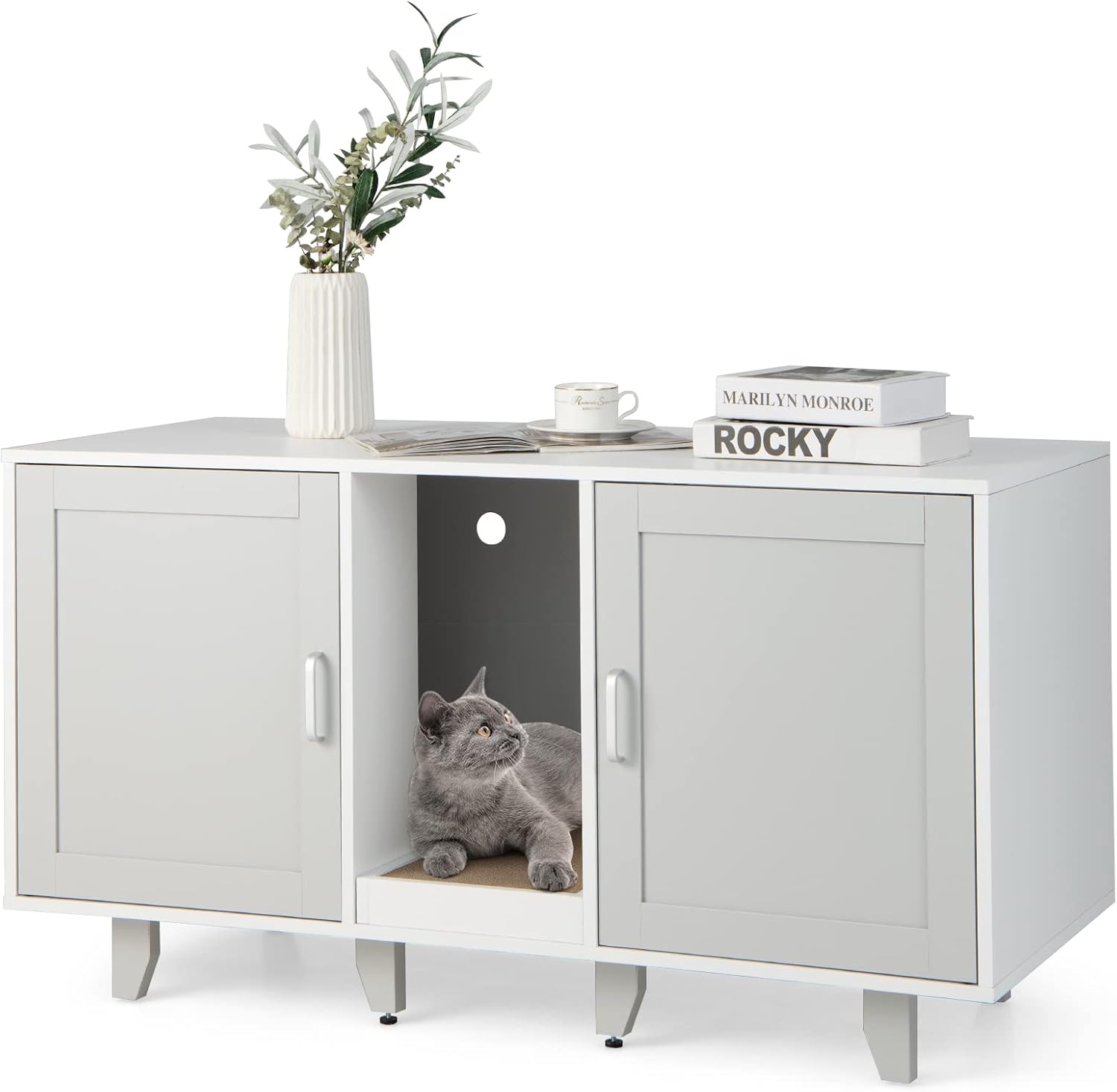 Mobile per Lettiera per Gatti 120 x 52 x 65 cm, Casetta per Gatti con 2 Ante, Fori, Tiragraffi e Gambe Staccabili, Mobile Versatile e Moderno per Salotto (Bianco e grigio)