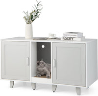 Mobile per Lettiera per Gatti 120 x 52 x 65 cm, Casetta per Gatti con 2 Ante, Fori, Tiragraffi e Gambe Staccabili, Mobile Versatile e Moderno per Salotto (Bianco e grigio)