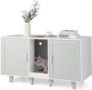 Mobile per Lettiera per Gatti 120 x 52 x 65 cm, Casetta per Gatti con 2 Ante, Fori, Tiragraffi e Gambe Staccabili, Mobile Versatile e Moderno per Salotto (Bianco e grigio)