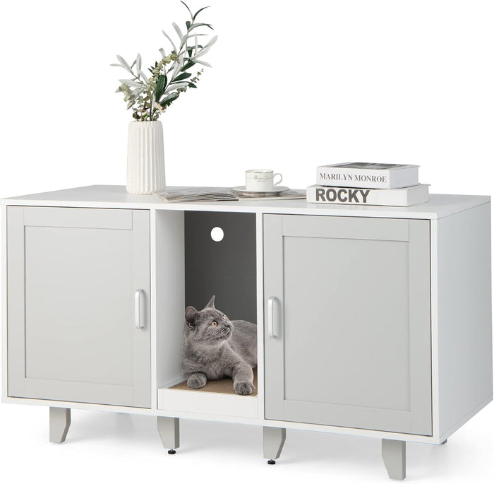 Mobile per Lettiera per Gatti 120 x 52 x 65 cm, Casetta per Gatti con 2 Ante, Fori, Tiragraffi e Gambe Staccabili, Mobile Versatile e Moderno per Salotto (Bianco e grigio)
