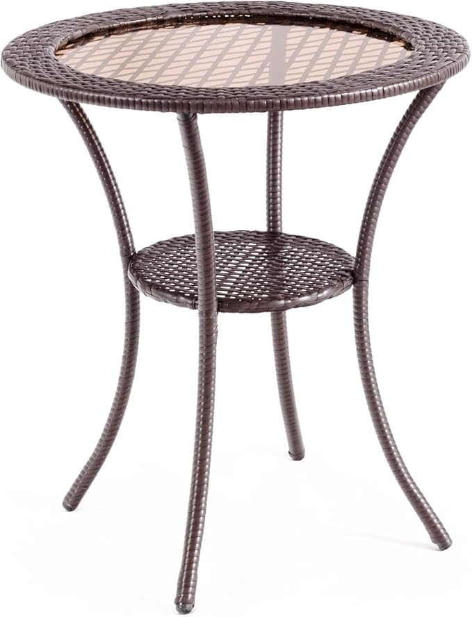 Tavolo da Giardino in Rattan PE e Vetro Temperato, Rotondo Tavolino Piccolo da Caffè Resistente alle Intemperie, per Cortile Balcone Esterno, Ø64 x 72 cm, Marrone