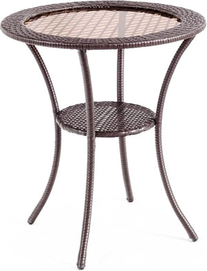 Tavolo da Giardino in Rattan PE e Vetro Temperato, Rotondo Tavolino Piccolo da Caffè Resistente alle Intemperie, per Cortile Balcone Esterno, Ø64 x 72 cm, Marrone