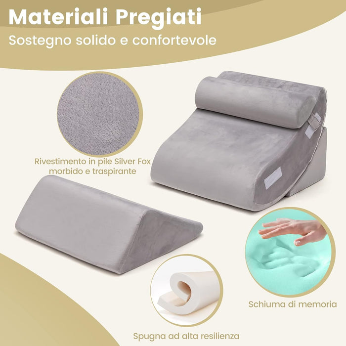 Set di 4/6 Cuscini Regolabili a Cuneo, Cuscino a Cuneo per Letto in Memory Foam, per Alleviare il Dolore alla Schiena Collo e alle Gambe, Poggiatesta Rimovibile, Grigio (4 Pezzi)