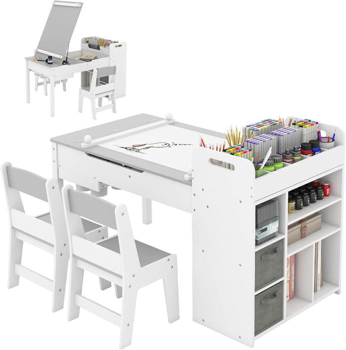 Set Tavolo e Sedie per Bambini con Rotolo di Carta, Tavolino per Cameretta con 2 Sedie, Piano Ribaltabile, Ripiani, 8 Bicchieri per Pittura, 2 Cassetti Nascosti e 2 Ceste di Tessuto (Grigio)