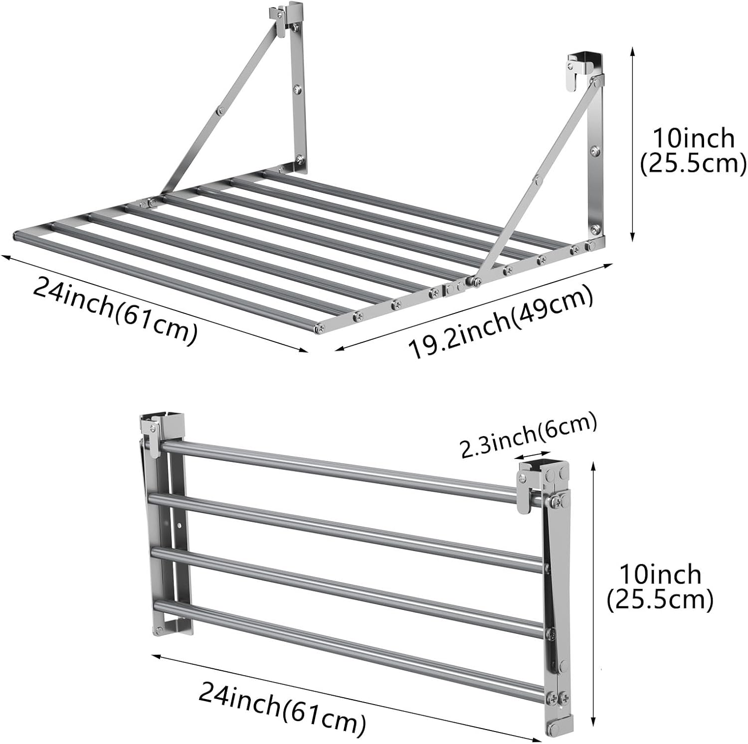 Stendibiancheria da Parete Pieghevole Antiruggine Resistente Stendino da Esterno o Interni, Salvaspazio Stendino per Balcone Bagn, con 8 Asticelle, 60cm