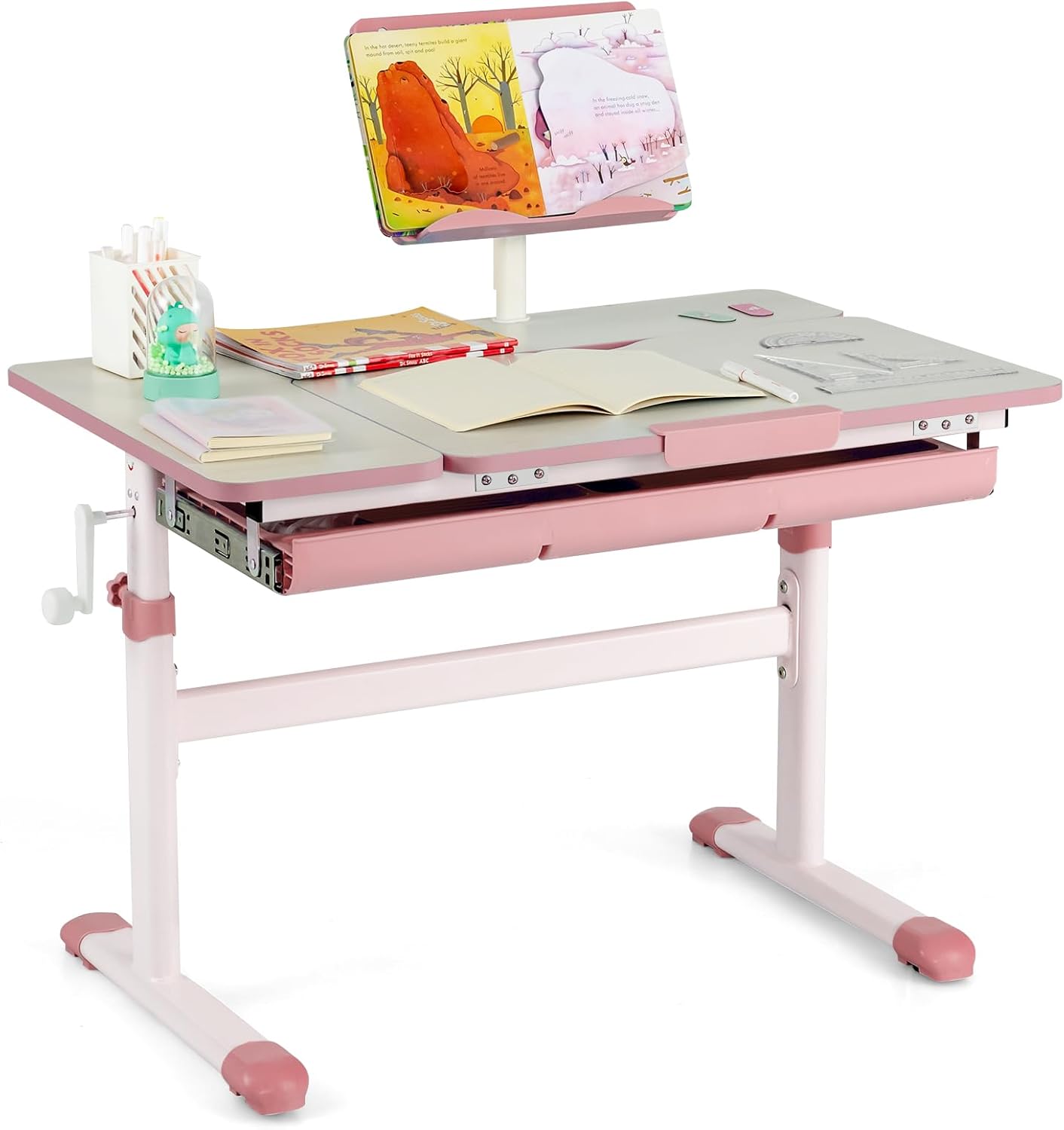 Scrivania per Bambini, Tavolo per Studenti con Regolabile in Altezza, con Piano Ribaltabile, Libreria, Cassetti e Righello di Misurazione, Ergonomica, Ideale per Bambini 3-12 Anni (Pink)