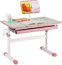 Scrivania per Bambini, Tavolo per Studenti con Regolabile in Altezza, con Piano Ribaltabile, Libreria, Cassetti e Righello di Misurazione, Ergonomica, Ideale per Bambini 3-12 Anni (Pink)