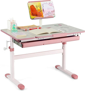 Scrivania per Bambini, Tavolo per Studenti con Regolabile in Altezza, con Piano Ribaltabile, Libreria, Cassetti e Righello di Misurazione, Ergonomica, Ideale per Bambini 3-12 Anni (Pink)