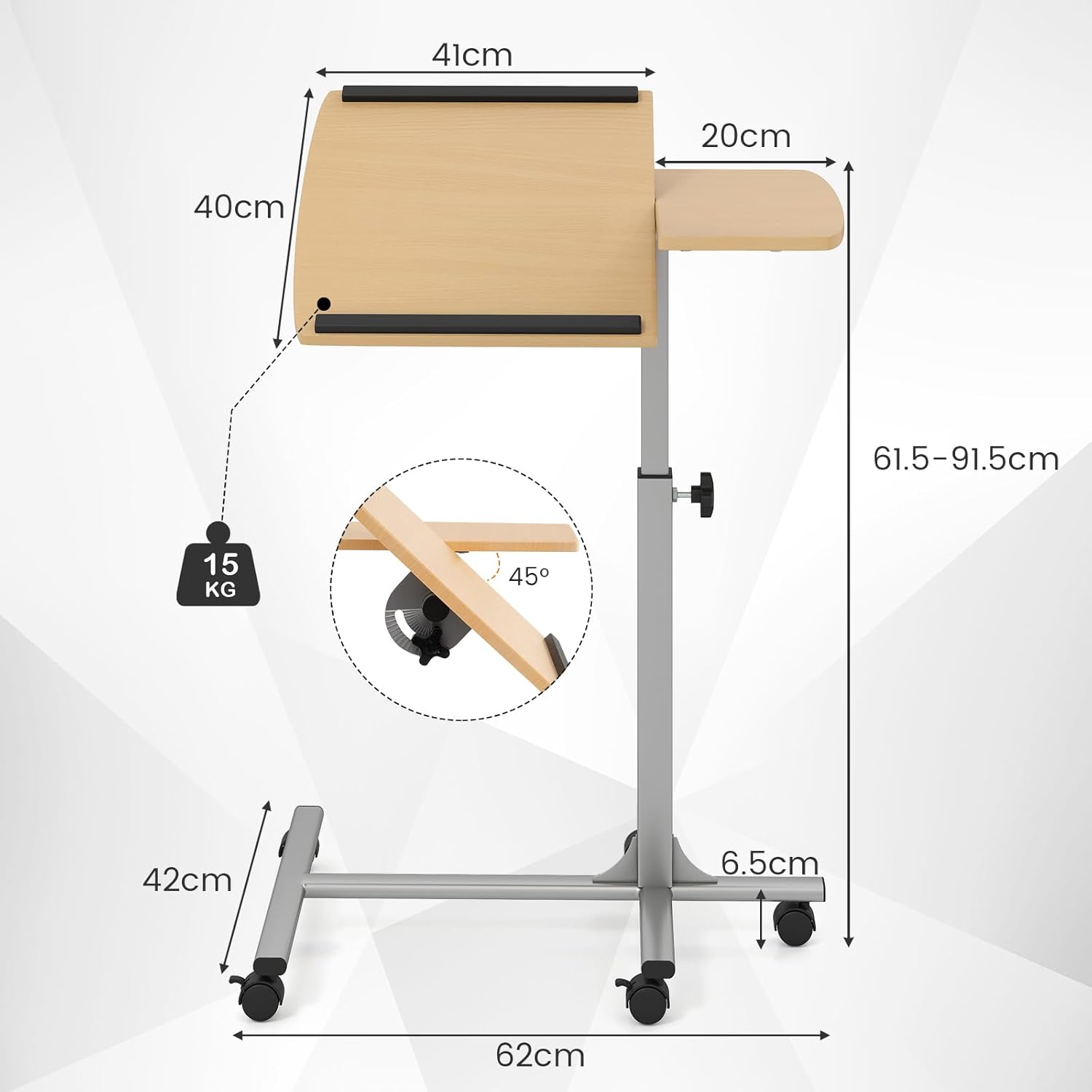 Tavolino Regolabile in Altezza, Tavolino da Computer per Letto e Divano, Tavolo Servitore Porta PC con Ruote
