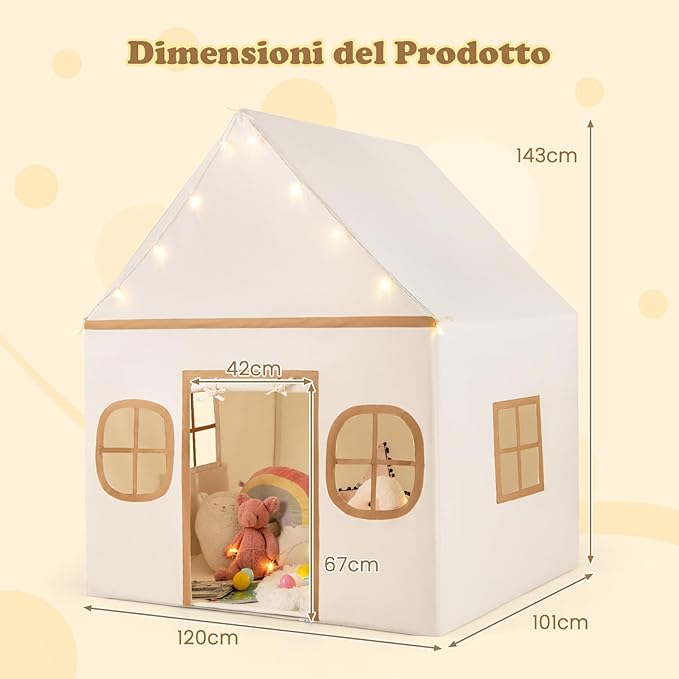 Tenda da Gioco per Bambini, con Tenda Porta e Finestre, Luci a Stella, Tappetino Antiscivolo, Casetta per Bambini e Bambine 3-10 Anni, 120 x 101 x 143 cm (Marrone)
