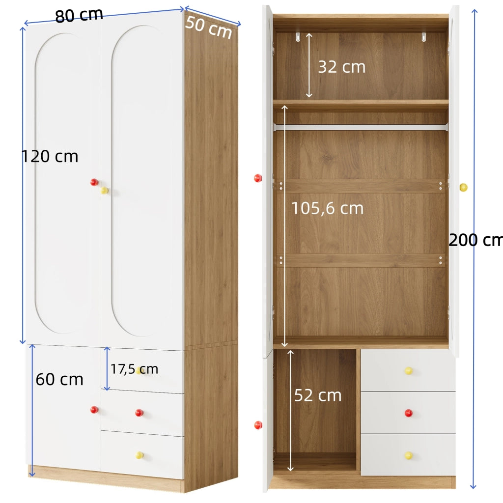 Set armadio e scaffale con ante e cassetti in MDF bianco e naturale