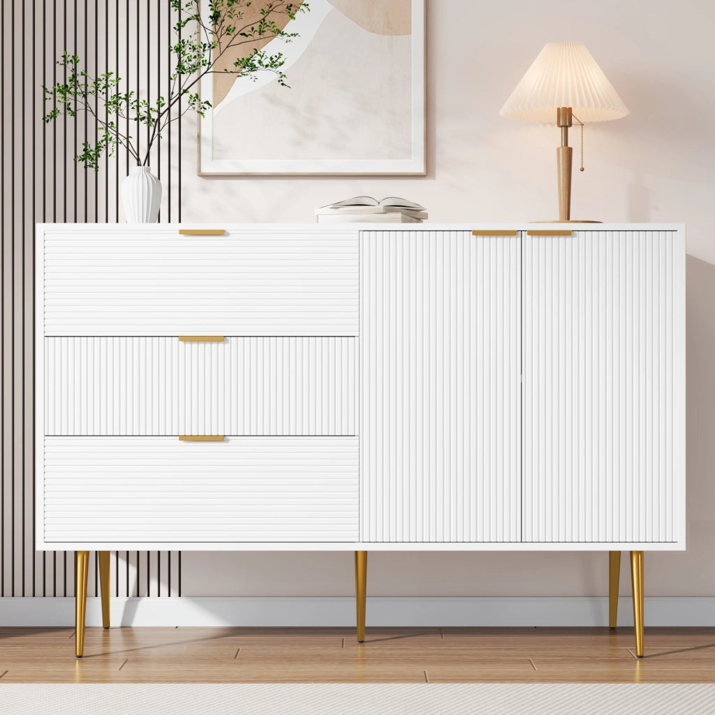 credenza 120 cm bianca e dorata - 3 cassetti, 2 ante, contenitore