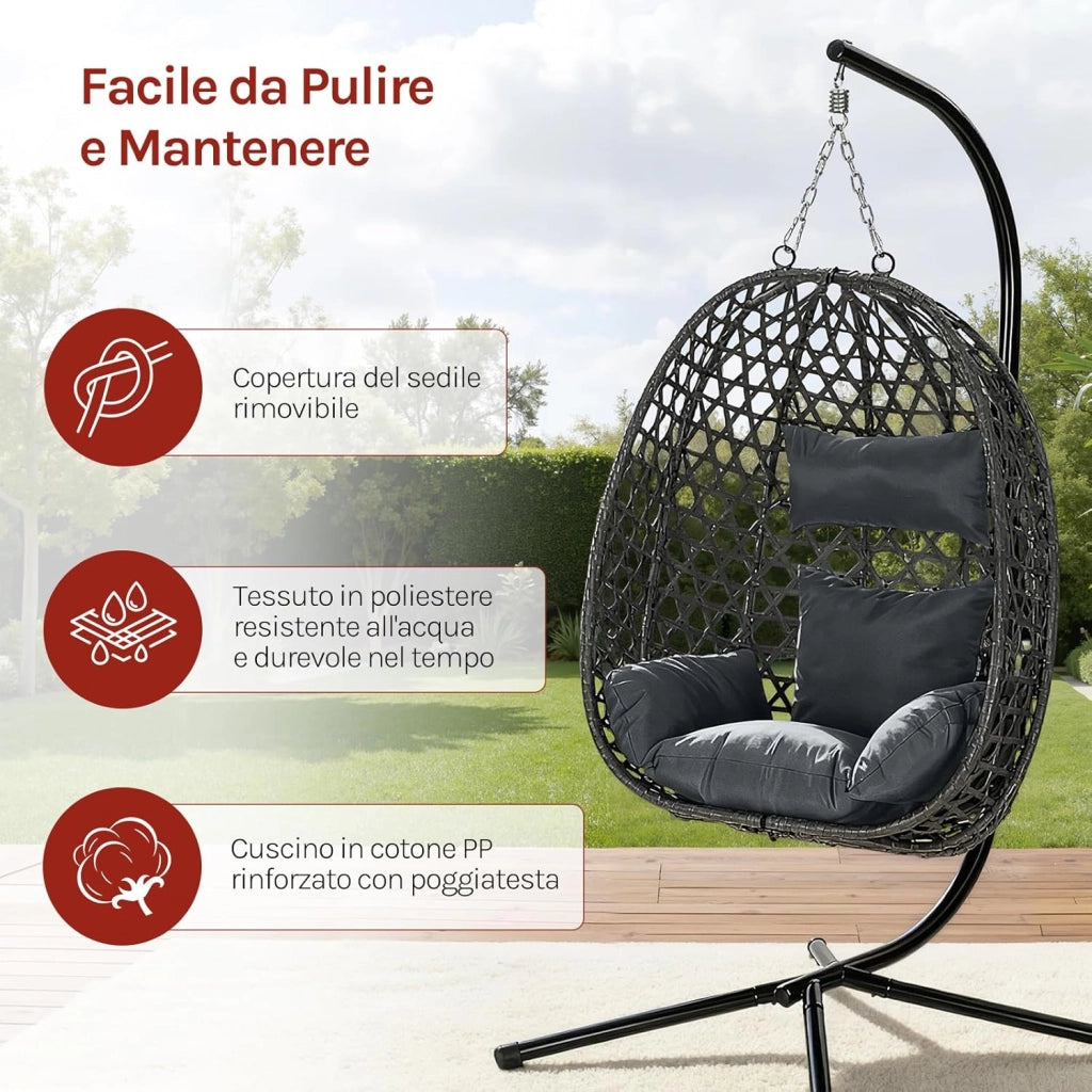 Poltrona Sospesa a Uovo, Sedia Sospesa con Supporto in Metallo, Cuscino e Poggiatesta, Altezza Regolabile, in Rattan PE, per Giardino, Terrazza, 102x100x196 cm, Grigio