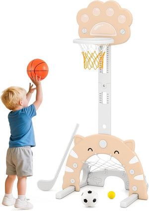 3 in 1 Canestro da Basket per Bambini, con Canestro Calcio e Golf, Cerchio Rimovibile e Pieghevole, Set da Gioco Regolabile per Interno ed Esterno, 3 Anni+ (Moca)