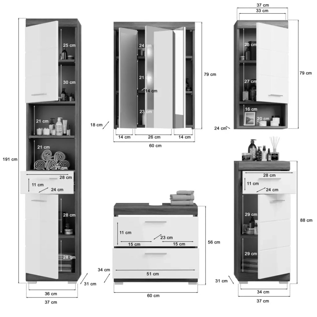 Set bagno SCOTT - Mobile sotto lavabo, colonna, 2 mezze colonne e specchio