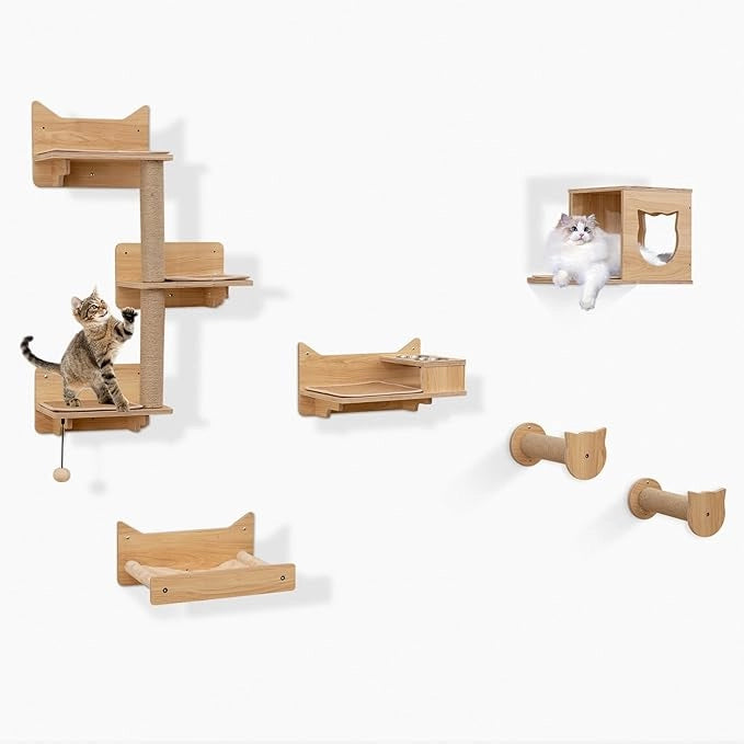 Mobili da Parete per Gatti a 6 Pezzi, Mensole a Muro con Amaca, Ciotola per Cibo e Acqua, Albero a 3 Livelli, Piattaforme, Scalini, Tiragraffi e Giocattolo, Parco Giochi da Interno (Modello 2)